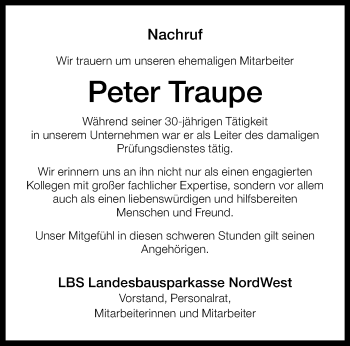 Anzeige von Peter Traupe 