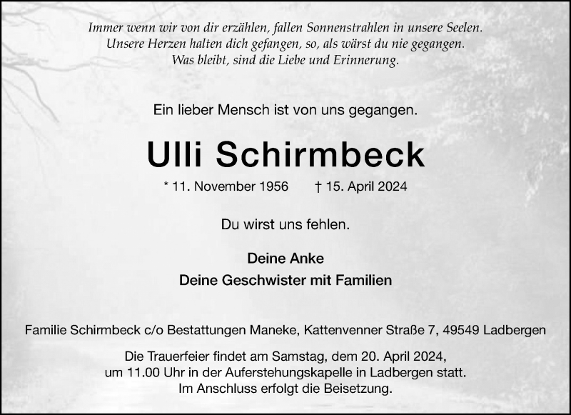 Traueranzeige für Ulli Schirmbeck vom 18.04.2024 aus 