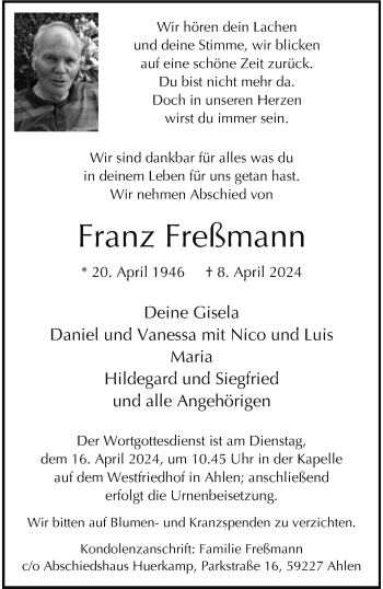 Anzeige von Franz Fremann 