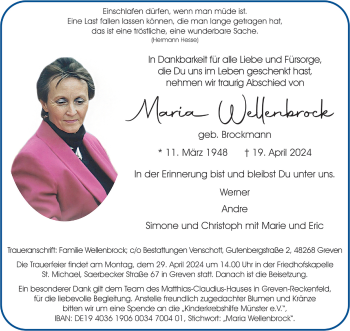 Anzeige von Maria Wellenbrock 