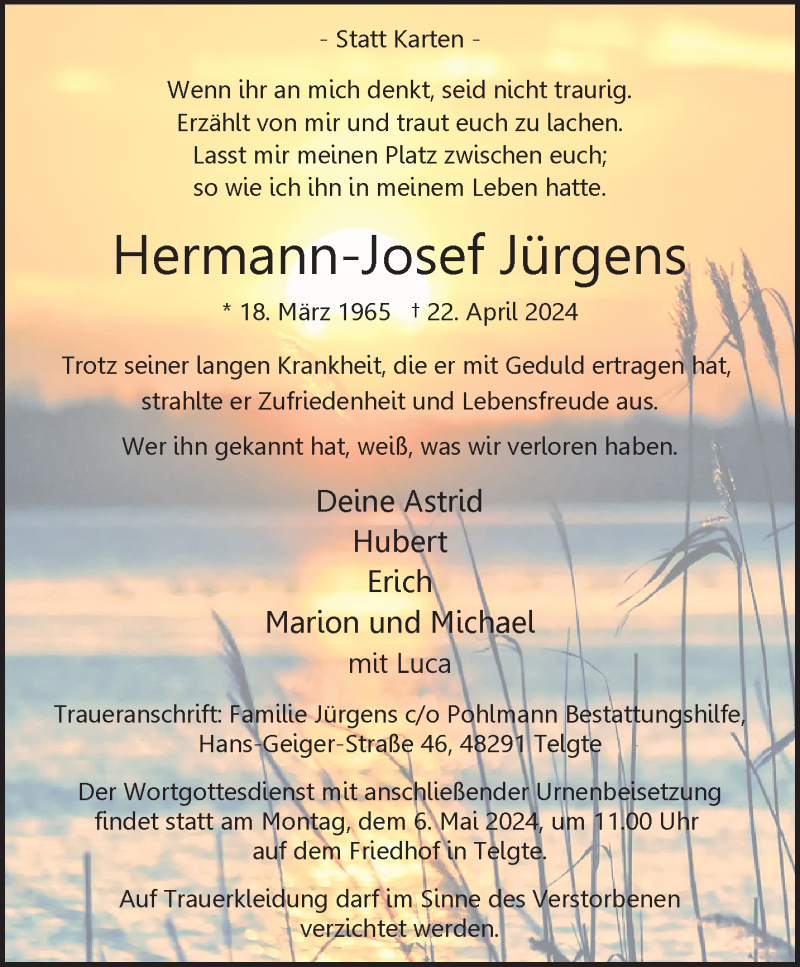  Traueranzeige für Hermann-Josef Jürgens vom 27.04.2024 aus 
