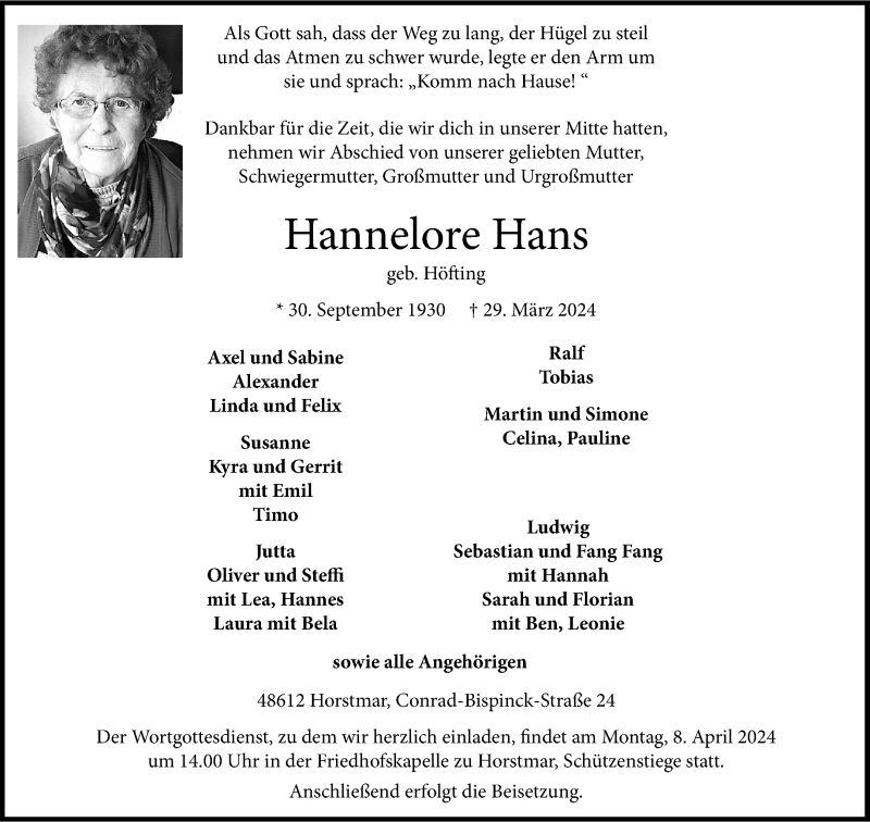  Traueranzeige für Hannelore Hans vom 06.04.2024 aus 