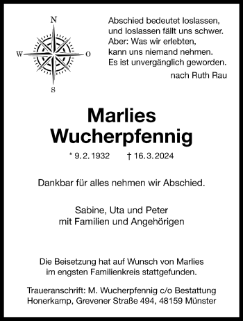 Anzeige von Marlies Wucherpfennig 