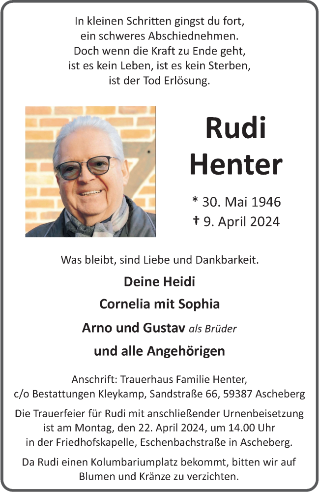  Traueranzeige für Rudi Henter vom 13.04.2024 aus 