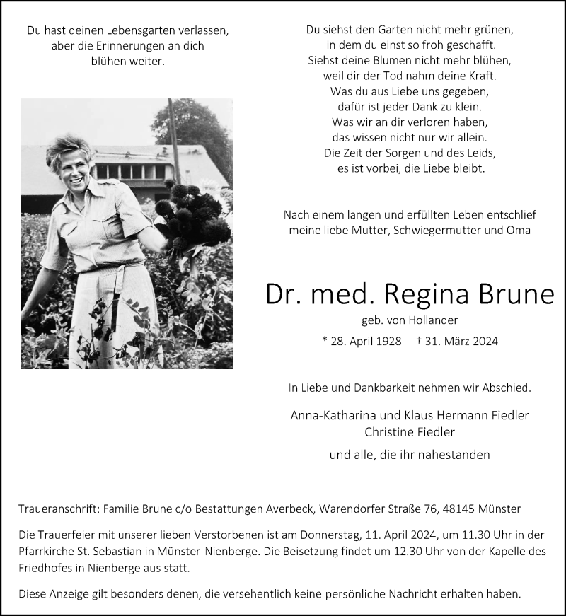  Traueranzeige für Dr. med. Regina Brune vom 06.04.2024 aus 