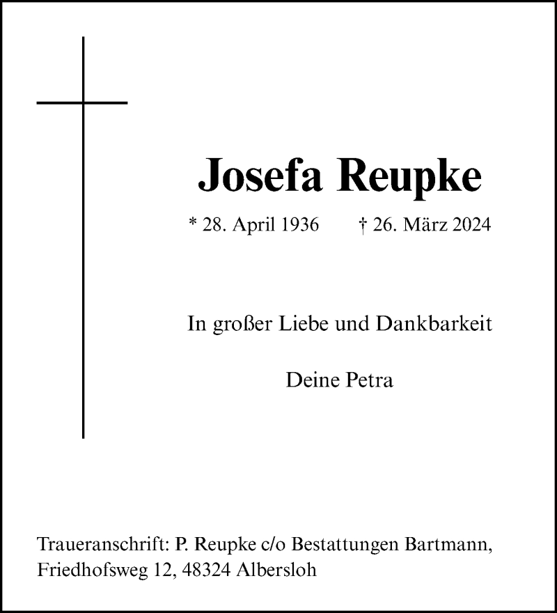  Traueranzeige für Josefa Reupke vom 06.04.2024 aus 