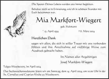 Anzeige von Mia Markfort-Wiegert 