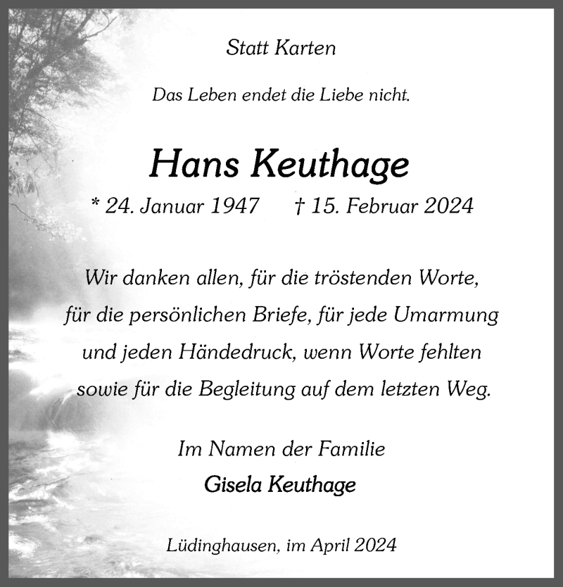  Traueranzeige für Hans Keuthage vom 06.04.2024 aus 