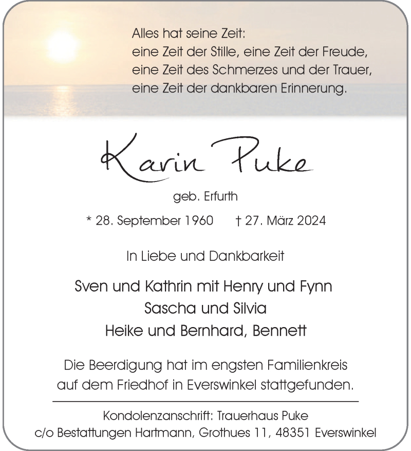  Traueranzeige für Karin Puke vom 06.04.2024 aus 