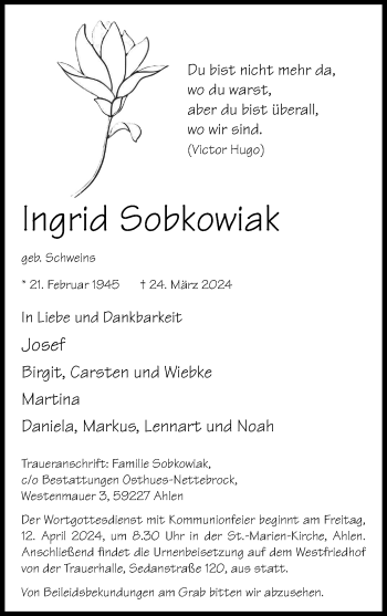 Anzeige von Ingrid Sobkowiak 
