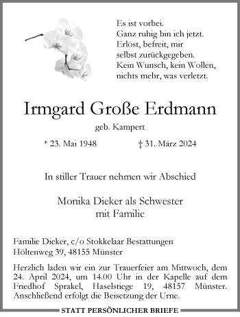 Anzeige von Irmgard Große Erdmann 