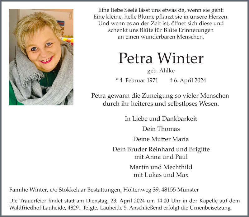  Traueranzeige für Petra Winter vom 13.04.2024 aus 