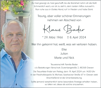Anzeige von Klaus Bader 