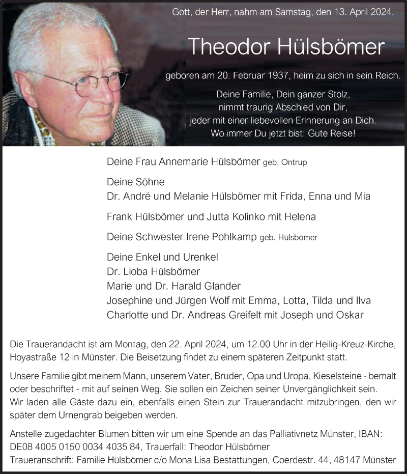  Traueranzeige für Theodor Hülsbömer vom 17.04.2024 aus 
