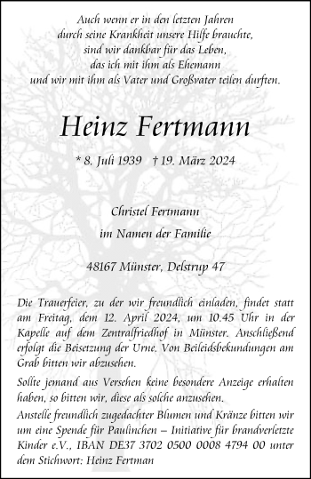 Anzeige von Heinz Fertmann 