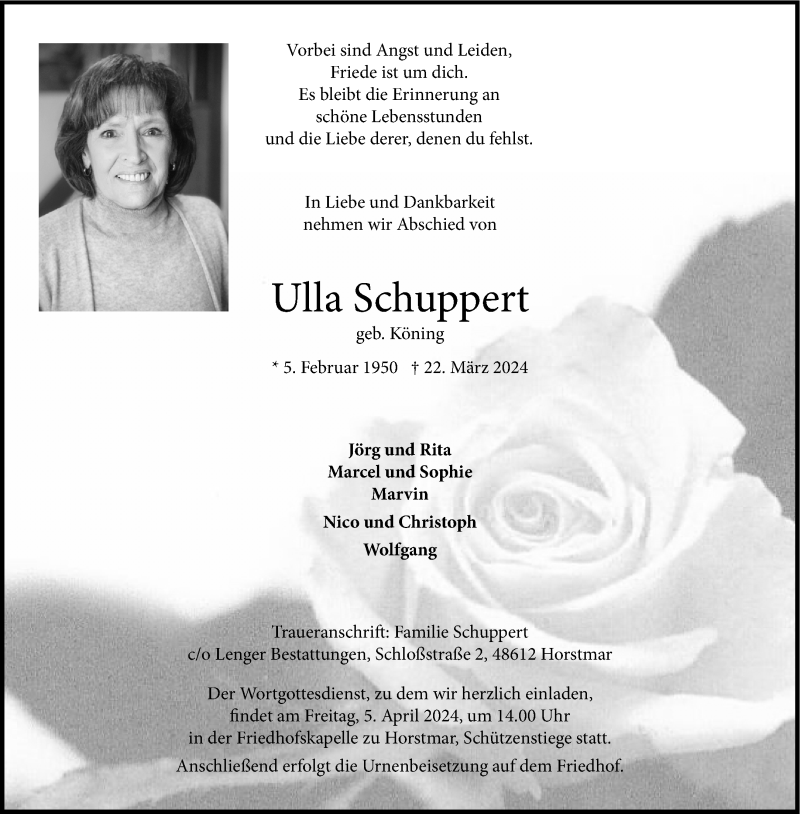  Traueranzeige für Ulla Schuppert vom 29.03.2024 aus 