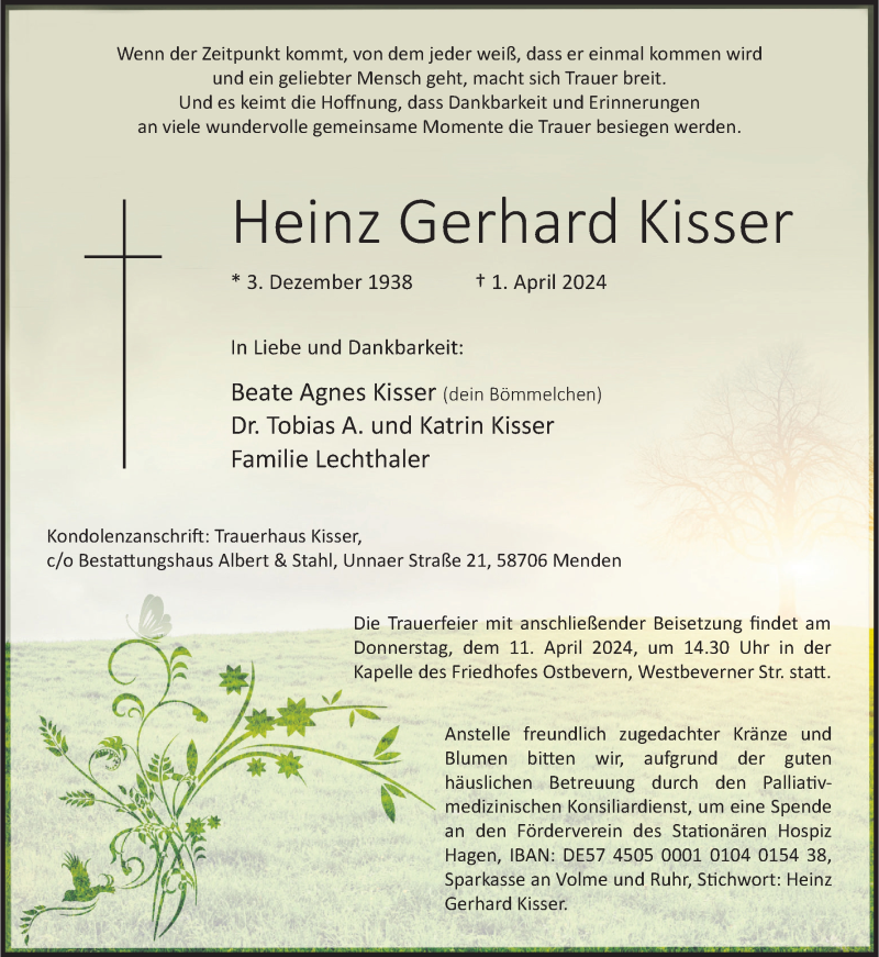  Traueranzeige für Heinz Gerhard Kisser vom 06.04.2024 aus 