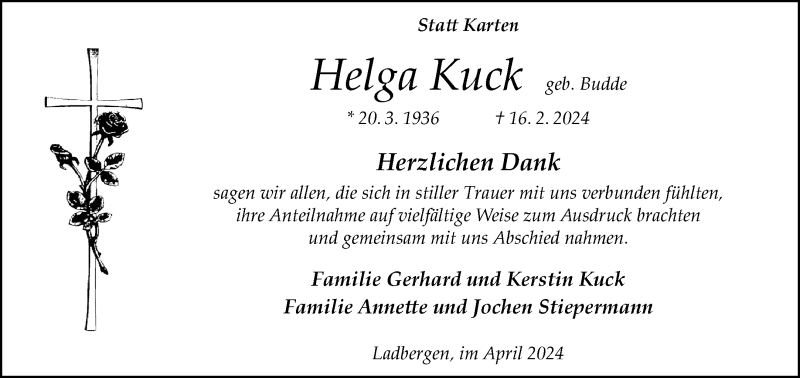  Traueranzeige für Helga Kuck vom 20.04.2024 aus 