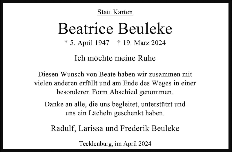  Traueranzeige für Beatrice Beuleke vom 27.04.2024 aus 