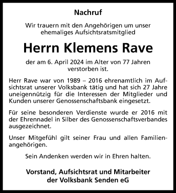 Anzeige von Klemens Rave 
