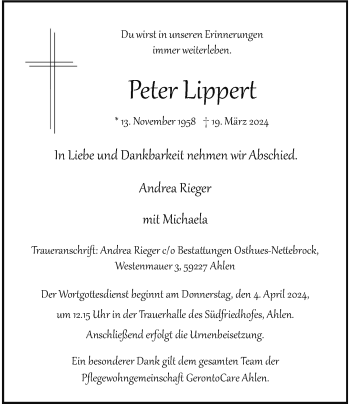 Anzeige von Peter Lippert 