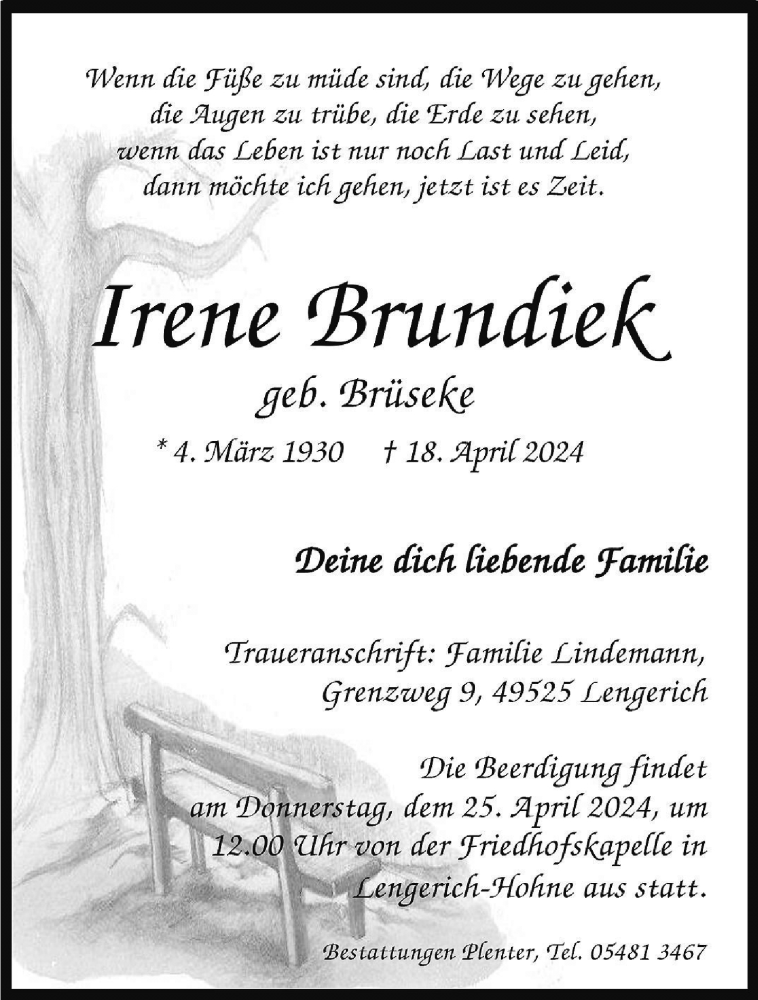  Traueranzeige für Irene Brundiek vom 23.04.2024 aus 
