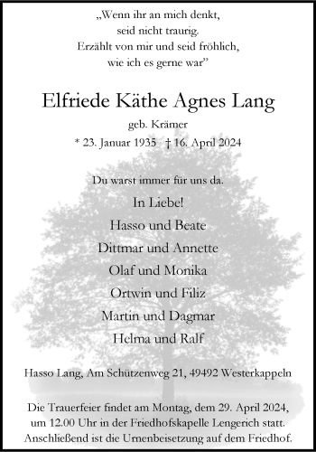Anzeige von Elfriede Käthe Agnes Lang 