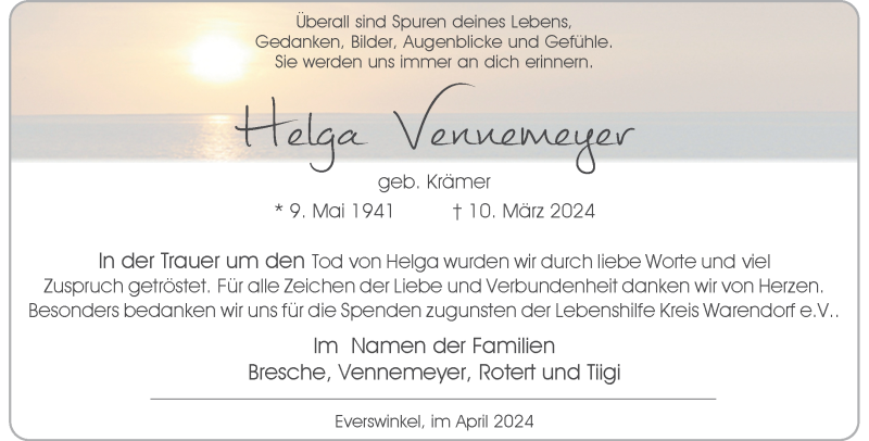  Traueranzeige für Helga Vennemeyer vom 20.04.2024 aus 