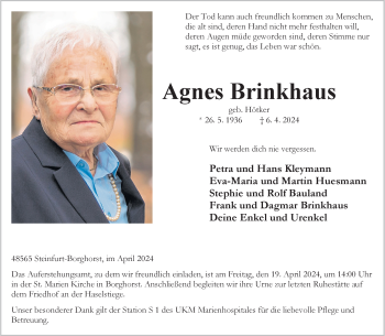 Anzeige von Agnes Brinkhaus 