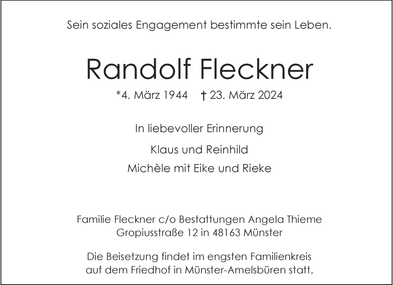  Traueranzeige für Randolf Fleckner vom 29.03.2024 aus 