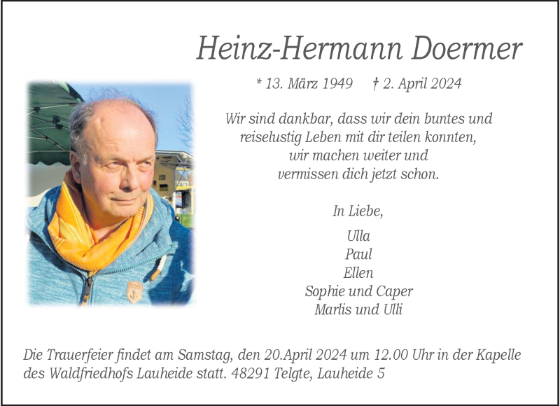  Traueranzeige für Heinz-Hermann Doermer vom 13.04.2024 aus 