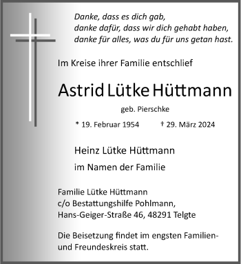 Anzeige von Astrid Lütke Hüttmann 