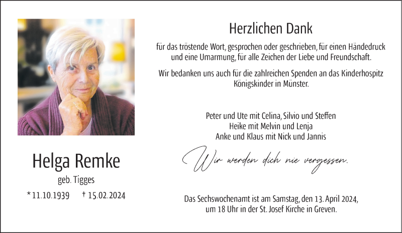  Traueranzeige für Helga Remke vom 06.04.2024 aus 