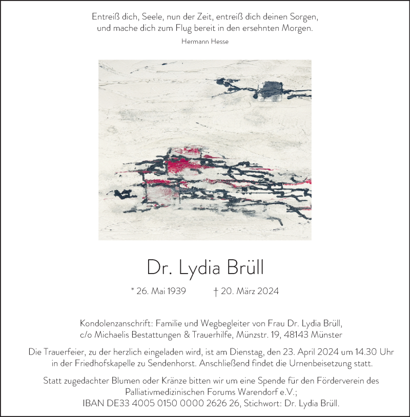  Traueranzeige für Dr. Lydia Brüll vom 13.04.2024 aus 