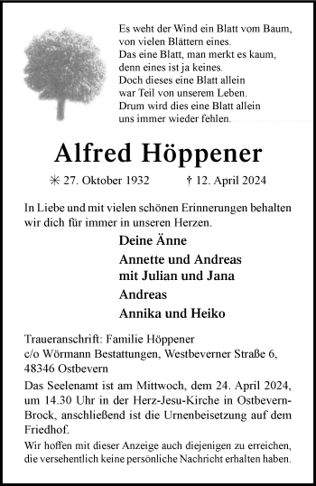 Anzeige von Alfred Höppener 