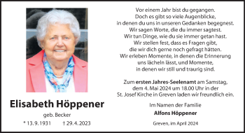 Anzeige von Elisabeth Höppener 
