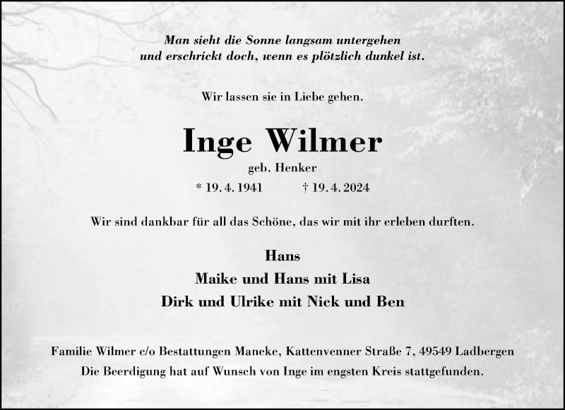  Traueranzeige für Inge Wilmer vom 27.04.2024 aus 