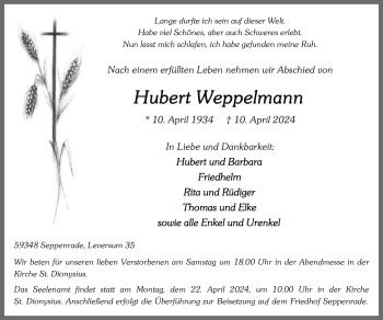 Anzeige von Hubert Weppelmann 