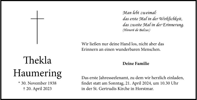  Traueranzeige für Thekla Haumering vom 13.04.2024 aus 
