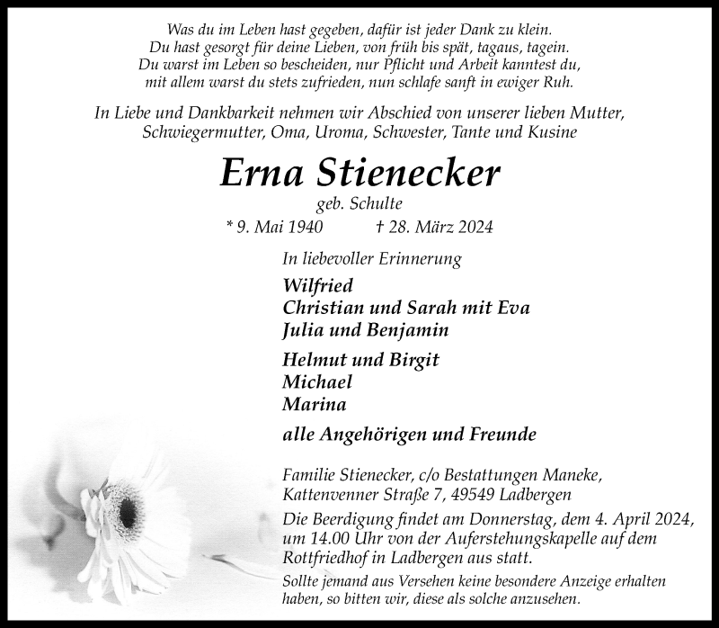  Traueranzeige für Erna Stienecker vom 03.04.2024 aus 