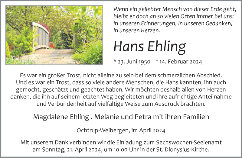  Traueranzeige für Hans Ehling vom 17.04.2024 aus 