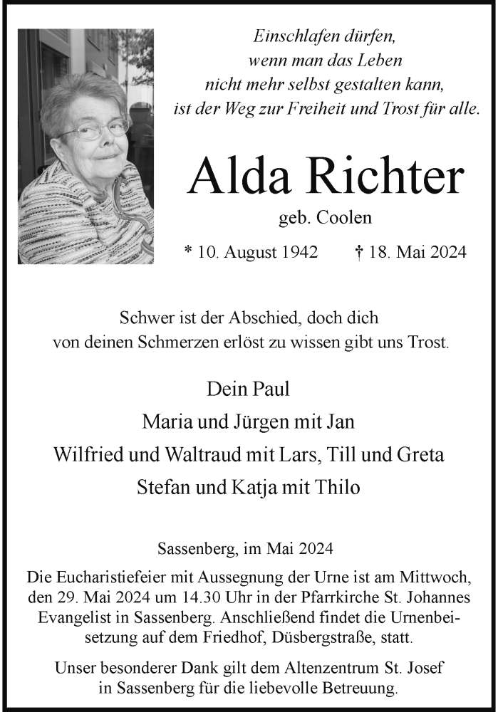  Traueranzeige für Alda Richter vom 25.05.2024 aus 