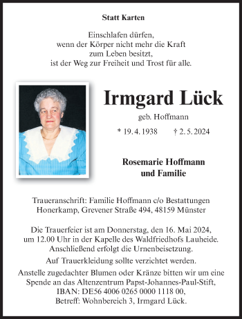 Anzeige von Irmgard Lück 