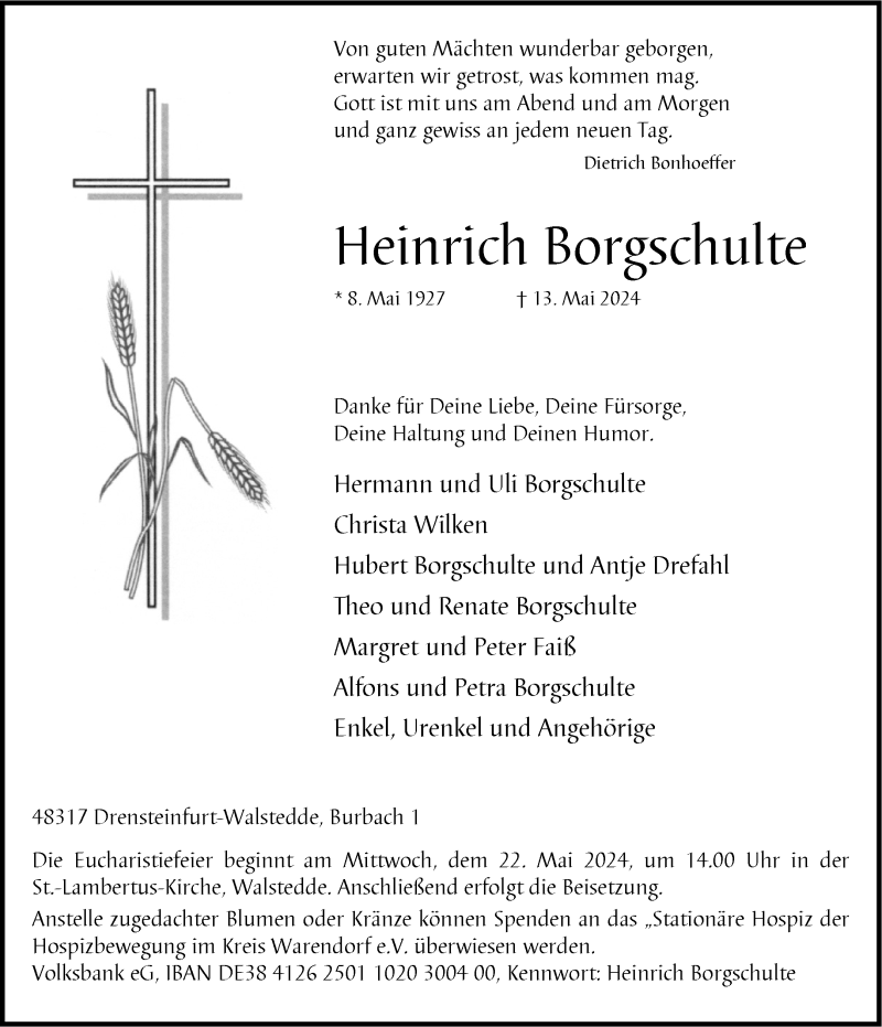  Traueranzeige für Heinrich Borgschulte vom 18.05.2024 aus 