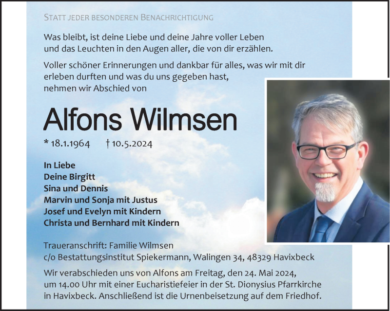  Traueranzeige für Alfons Wilmsen vom 18.05.2024 aus 