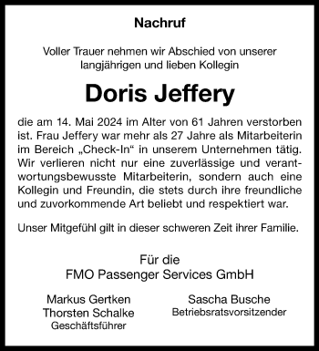 Anzeige von Doris Jeffery 