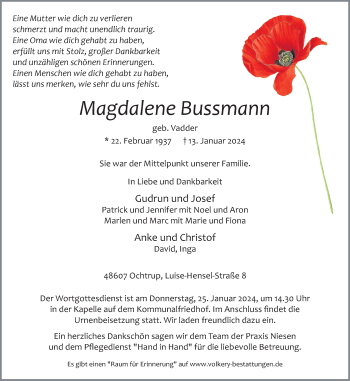 Anzeige von Magdalene Bussmann 
