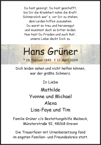 Anzeige von Hans Grüner 