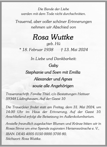 Anzeige von Rosa Wuttke 