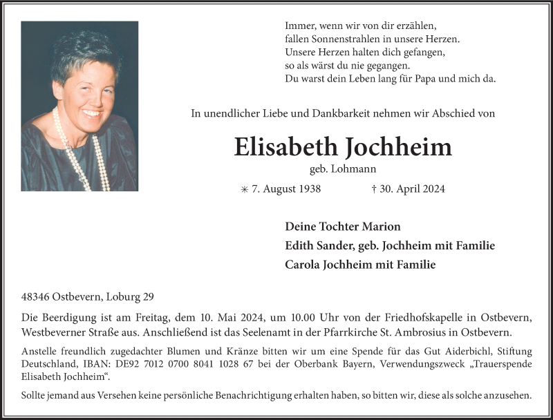 Traueranzeige für Elisabeth Jochheim vom 04.05.2024 aus 
